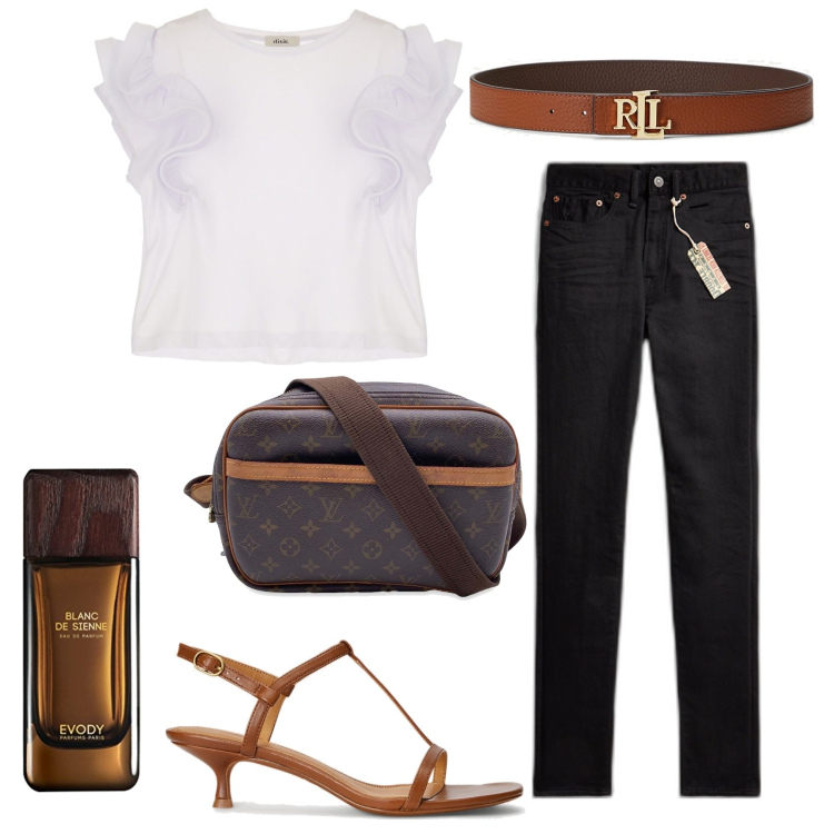Outfit donna - Chic in jeans. Stile Casual chic per Tutti i giorni. Abbinamento con borse a tracolla, t-shirt, cinture, sandali col tacco, jeans skinny, profumi.