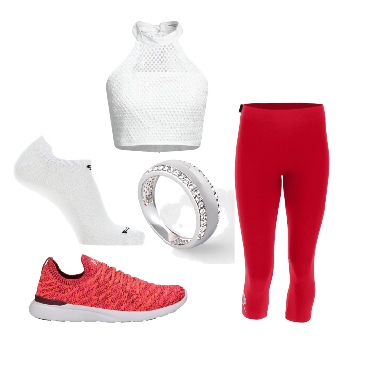 Outfit donna - Yoga: benessere corpo e mente. Stile Sporty chic per Sport. Abbinamento con anelli, top, sneakers, calzini, leggings.