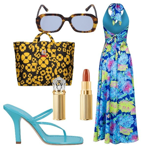 Outfit donna - weekend a Capri. Stile Glamour per Serata fuori. Abbinamento con infradito, vestiti lunghi, shopping bag, rossetti, occhiali da sole.