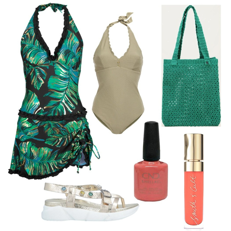 Outfit donna - Escursione all"asinara. Stile Urban per Mare. Abbinamento con vestiti da spiaggia, infradito, costumi interi, shopping bag, smalti, gloss.