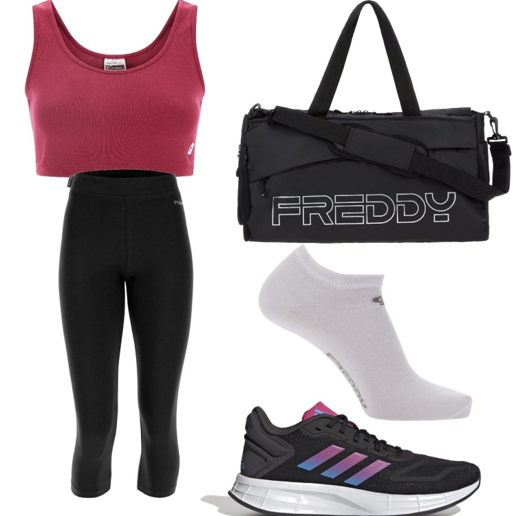 Outfit donna - Giugno in palestra. Stile Trendy per Sport. Abbinamento con borse sportive, leggings, top, calzini, scarpe sportive.