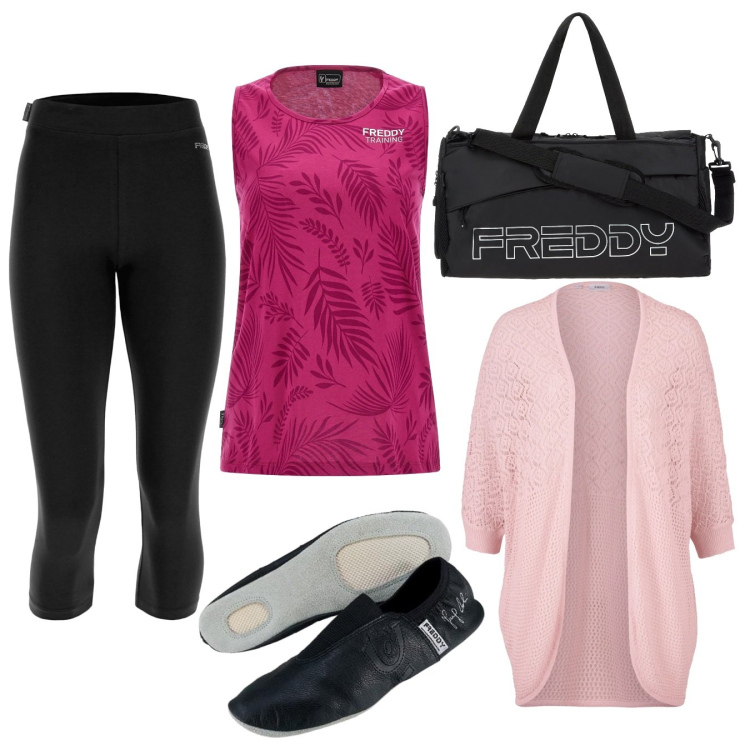 Outfit donna - Yoga. Stile Basic per Sport. Abbinamento con cardigans, borse sportive, leggings, canottiere, scarpe sportive.