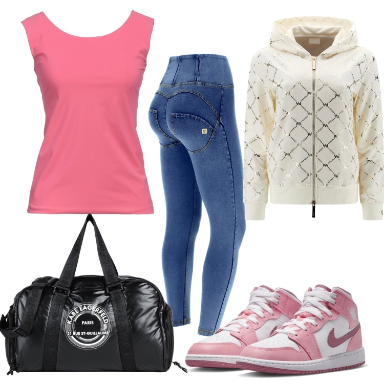Outfit donna - Corsa al parco. Stile Trendy per Sport. Abbinamento con sneakers, top, borse sportive, jeggings, felpe con cappuccio.