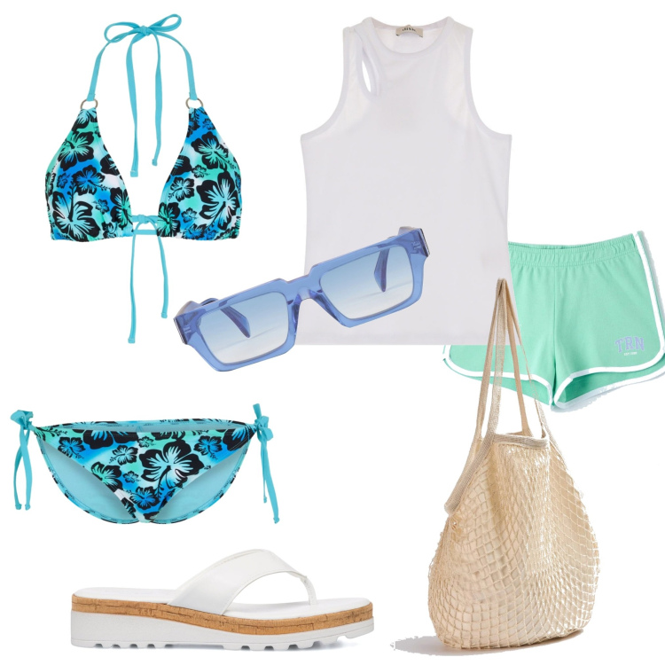 Outfit donna - Buongiorno al mare. Stile Basic per Tutti i giorni. Abbinamento con bikini, occhiali da sole, shorts, borse a spalla, canottiere, infradito.
