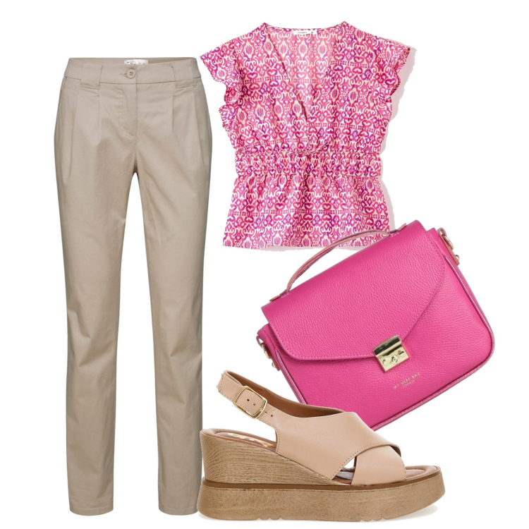 Outfit donna - Ufficio a luglio. Stile Bon Ton per Tutti i giorni. Abbinamento con pantaloni chino, borse a mano, bluse, sandali.