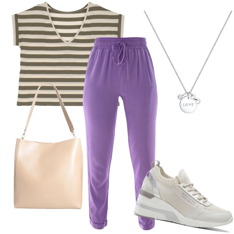 Outfit donna - Coulisse in vita. Stile Basic per Tutti i giorni. Abbinamento con sneakers, borse a spalla, pantaloni, t-shirt, ciondoli.