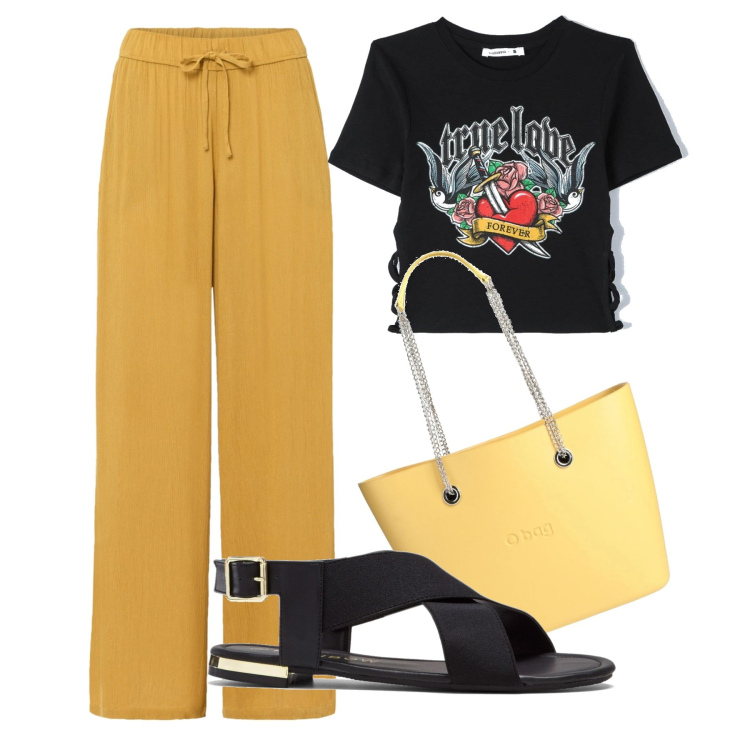 Outfit donna - I pantapalazzo sporty. Stile Basic per Tutti i giorni. Abbinamento con pantaloni a palazzo, sandali, borse a spalla, t-shirt.
