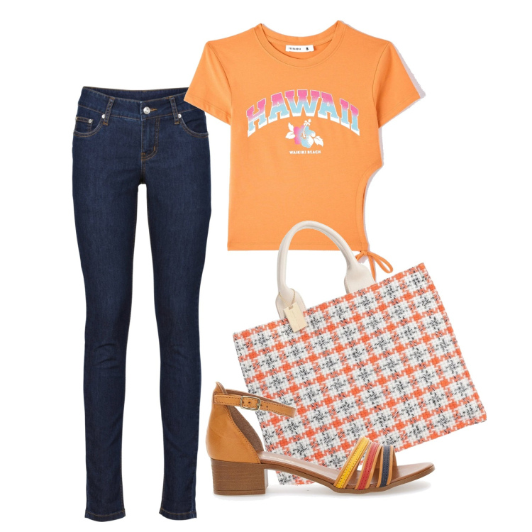 Outfit donna - Skinny blu. Stile Basic per Tutti i giorni. Abbinamento con jeans skinny, borse a mano, t-shirt, sandali in pelle.