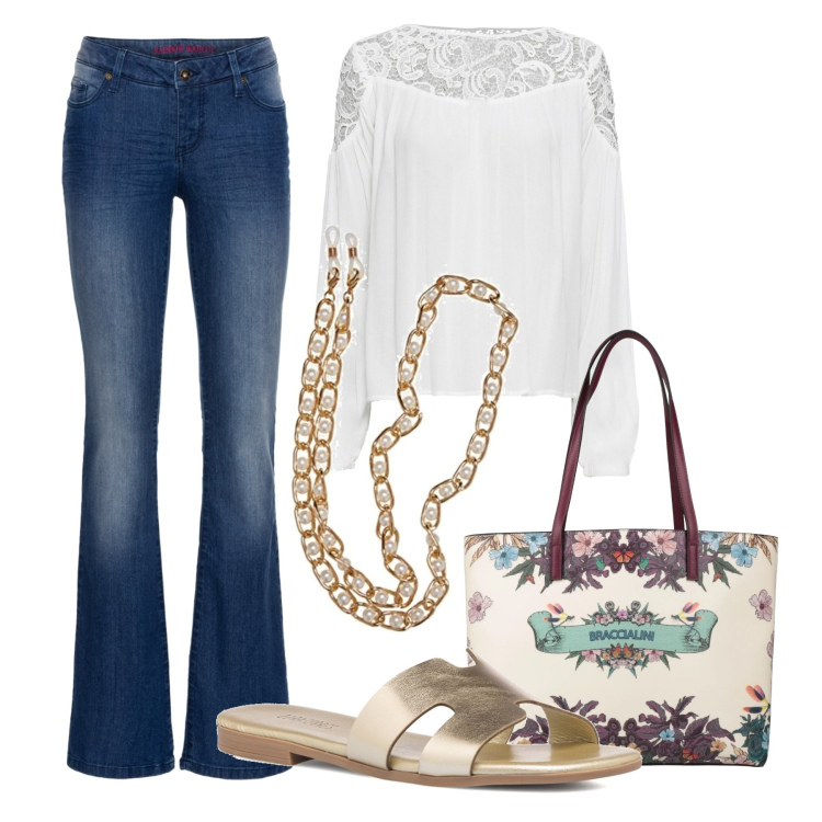 Outfit donna - Oro ai piedi. Stile Romantica per Tutti i giorni. Abbinamento con jeans bootcut, tuniche, borse a mano, ciabatte, collane.