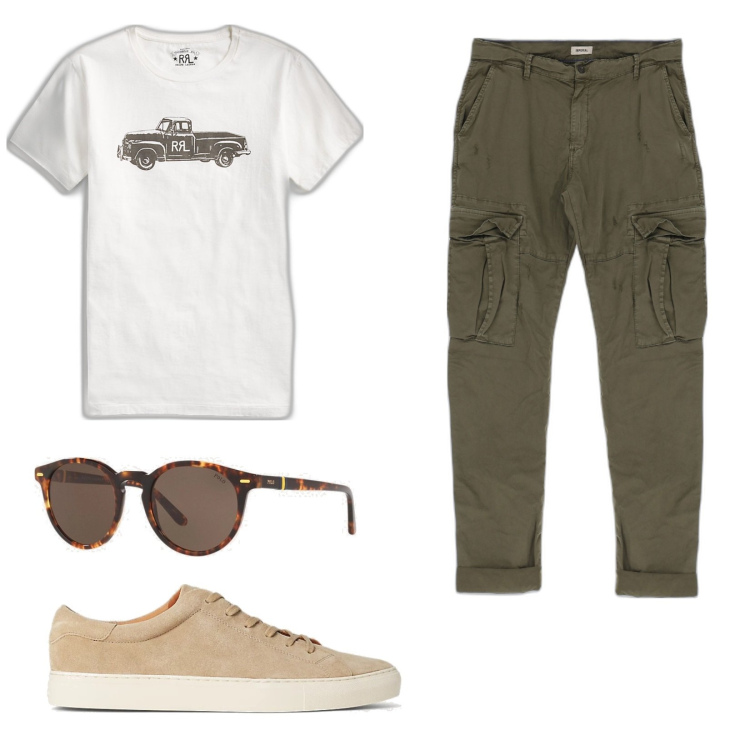 Outfit uomo - Uno stile casual. Stile Casual per Ufficio. Abbinamento con pantaloni, t-shirt, occhiali da sole, sneakers.