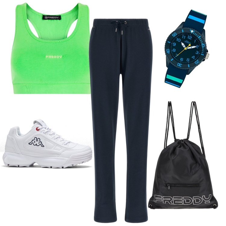 Outfit donna - Sport benefico. Stile Sporty chic per Sport. Abbinamento con sneakers, zaini, pantaloni, top sportivi, orologi.