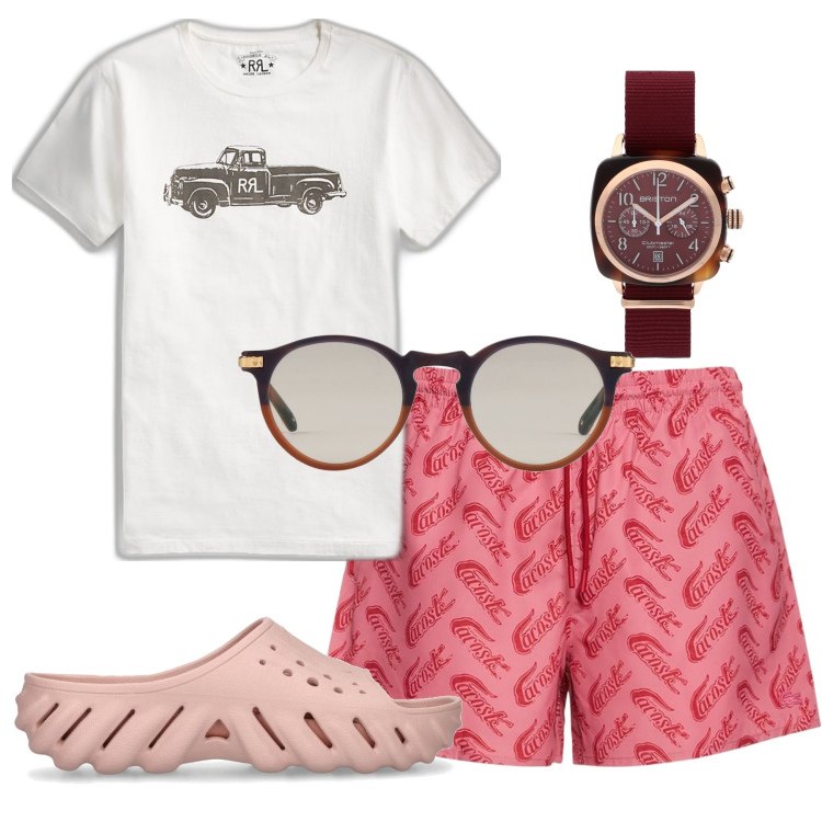 Outfit uomo - Sguardi a me. Stile Trendy per Mare. Abbinamento con occhiali da sole, orologi, t-shirt, sandali, shorts.