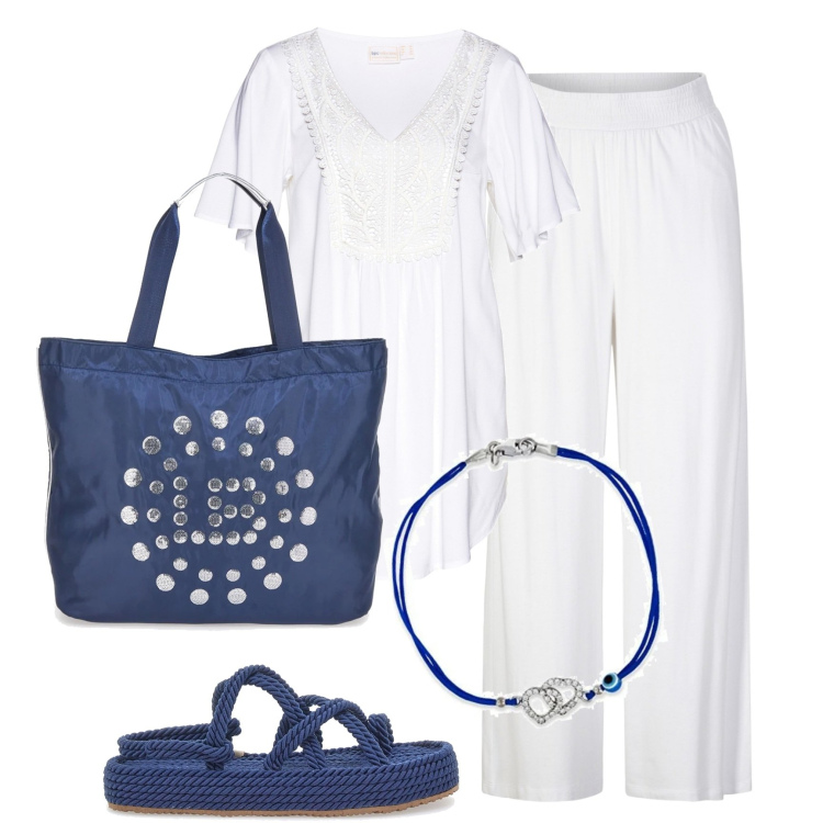 Outfit donna - Il bianco e il Deep Blue. Stile Casual per Tutti i giorni. Abbinamento con pantaloni, tuniche, sandali, borse a spalla, braccialetti.