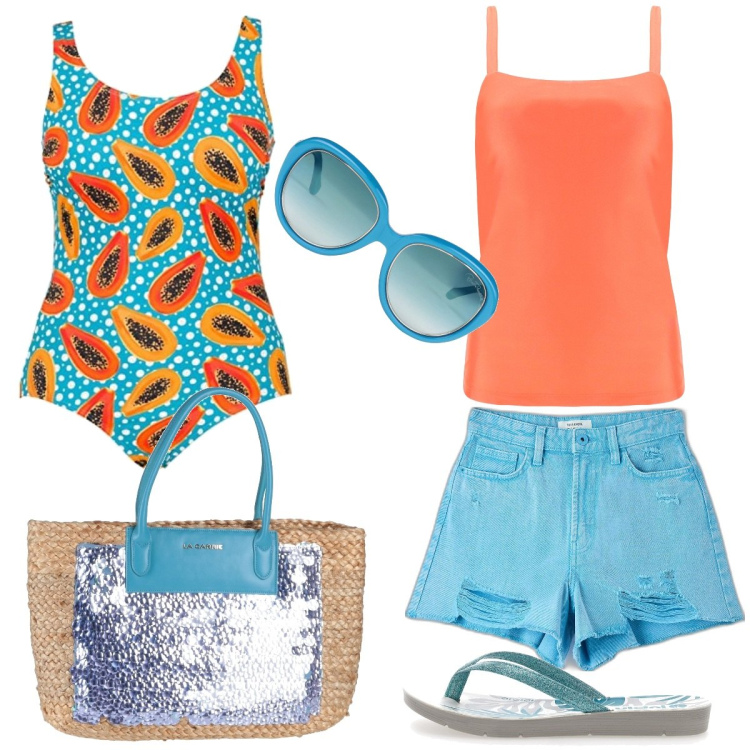 Outfit donna - Total look #1653010. Stile Basic per Mare. Abbinamento con borse a mano, occhiali da sole, shorts, canottiere, costumi interi, infradito.