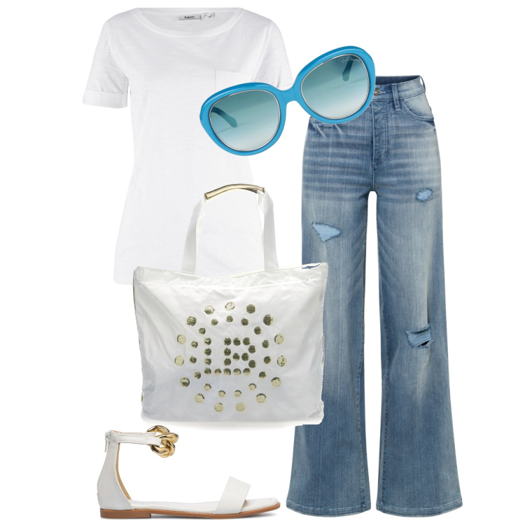 Outfit donna - T-shirt e jeans. Stile Casual per Tutti i giorni. Abbinamento con t-shirt, jeans strappati, occhiali da sole, sandali in pelle, borse a spalla.
