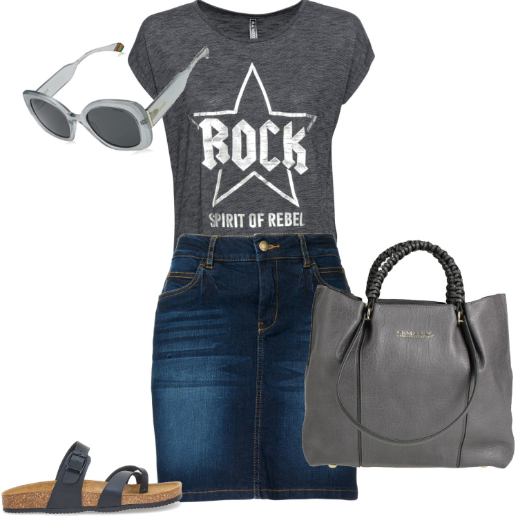 Outfit donna - T-shirt e gonna denim. Stile Casual per Tutti i giorni. Abbinamento con gonne, t-shirt, borse a mano, infradito, occhiali da sole.