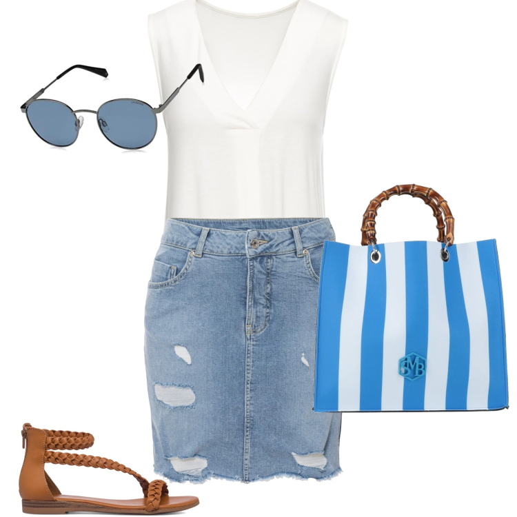 Outfit donna - La gonna di jeans. Stile Casual per Tutti i giorni. Abbinamento con top, gonne, borse a mano, sandali, occhiali da sole.