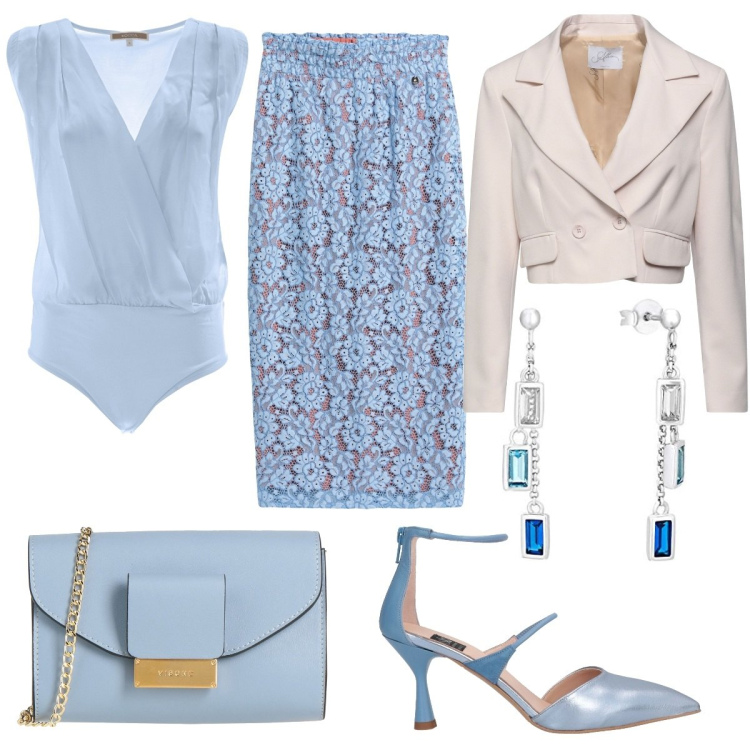 Outfit donna - Total look #1653072. Stile Casual chic per Cerimonia. Abbinamento con décolleté, gonne longuette, blazer, borse a tracolla, bluse, orecchini.