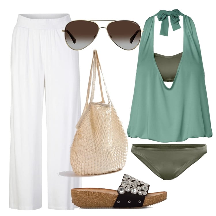 Outfit donna - Super comoda al mare. Stile Basic per Mare. Abbinamento con pantaloni, costumi interi, borse a spalla, ciabatte, occhiali da sole.