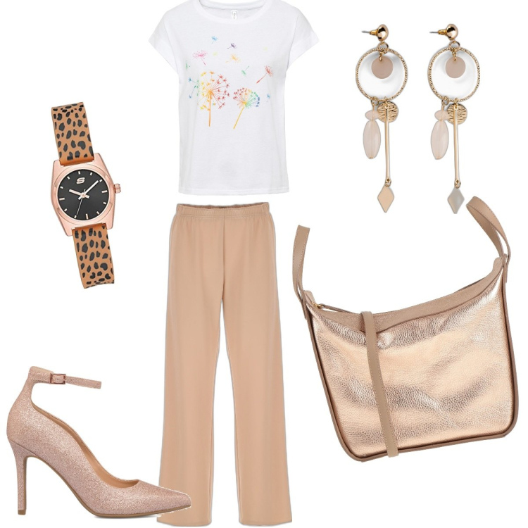 Outfit donna - Cerimonia basic. Stile Casual chic per Cerimonia. Abbinamento con t-shirt, orecchini, borse a mano, pantaloni a palazzo, décolleté, orologi.