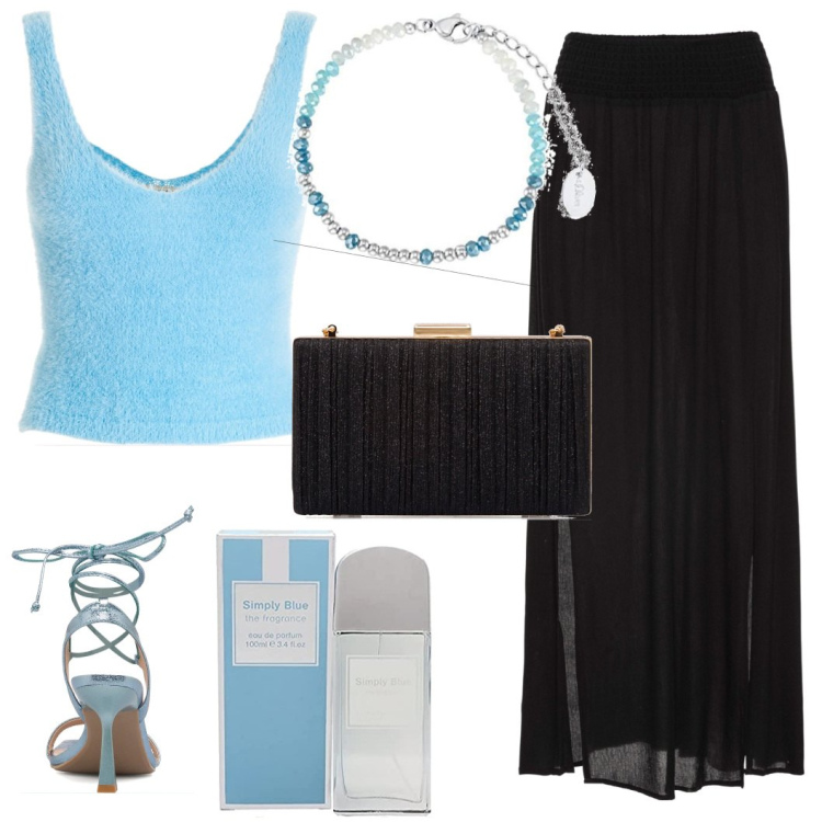 Outfit donna - Total look #1653197. Stile Glamour per Serata fuori. Abbinamento con gonne lunghe, top, sandali alla schiava, clutch, braccialetti, profumi.