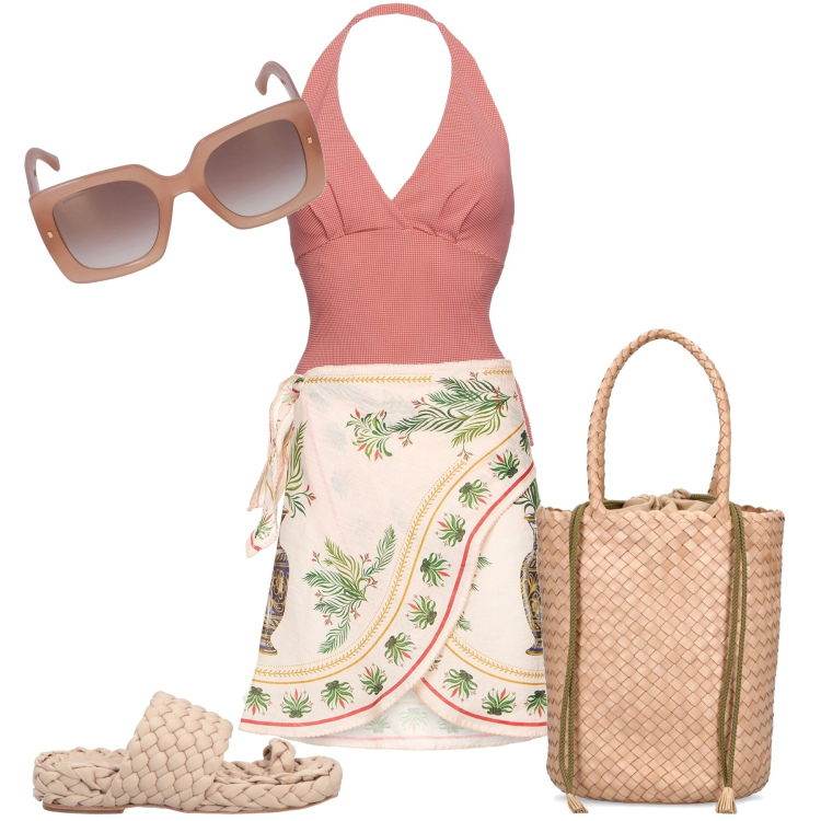 Outfit donna - Al mare. Stile Chic per Mare. Abbinamento con infradito, costumi interi, borse a spalla, vestiti da spiaggia, occhiali da sole.