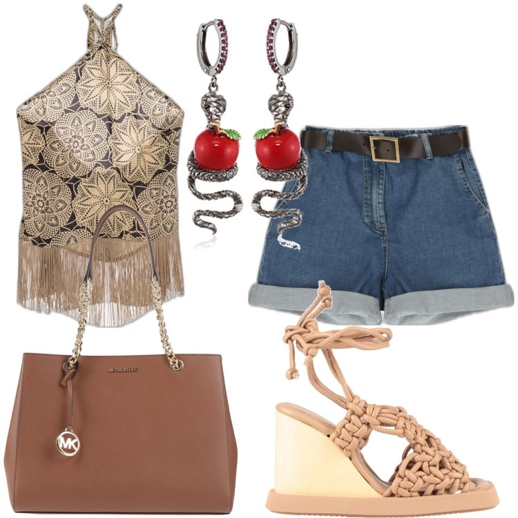 Outfit donna - Gli orecchini perfetti. Stile Casual chic per Tutti i giorni. Abbinamento con sandali col tacco, borse a mano, bermuda, top, orecchini.
