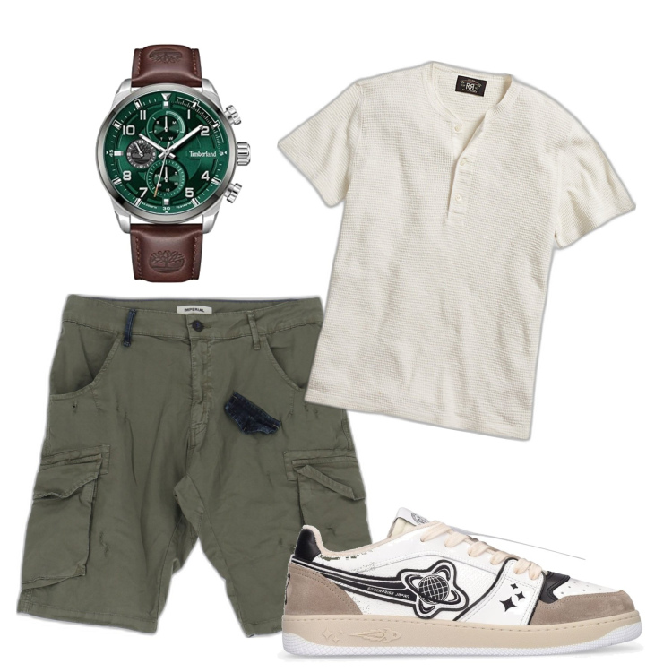 Outfit uomo - Burro e oliva. Stile Trendy per Tutti i giorni. Abbinamento con bermuda, t-shirt, orologi, sneakers.