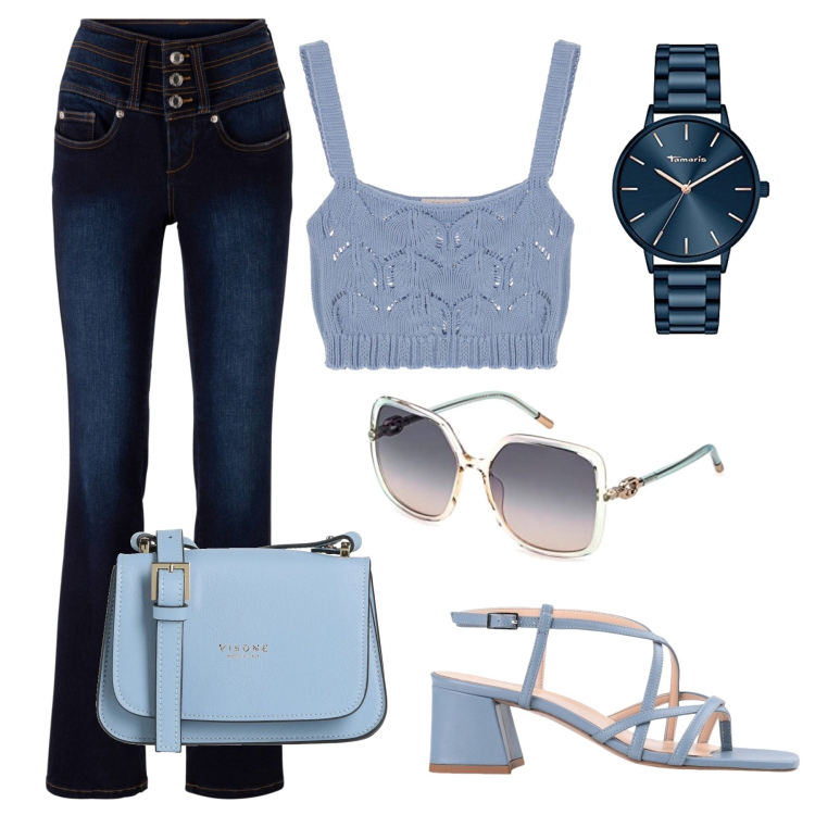 Outfit donna - Blu & azzurro. Stile Basic per Tutti i giorni. Abbinamento con jeans bootcut, infradito, borse a tracolla, top, occhiali da sole, orologi.