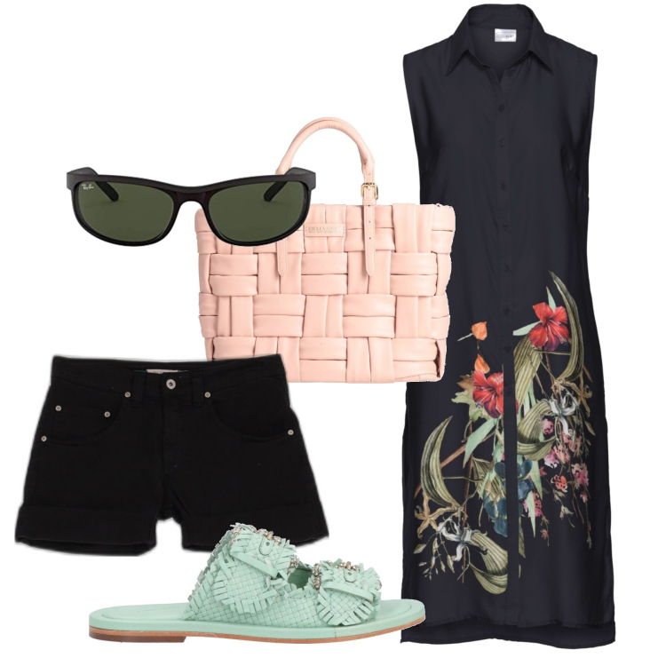 Outfit donna - Gli shorts sotto la camicia. Stile Chic per Tutti i giorni. Abbinamento con sandali in pelle, borse a mano, camicie, shorts, occhiali da sole.