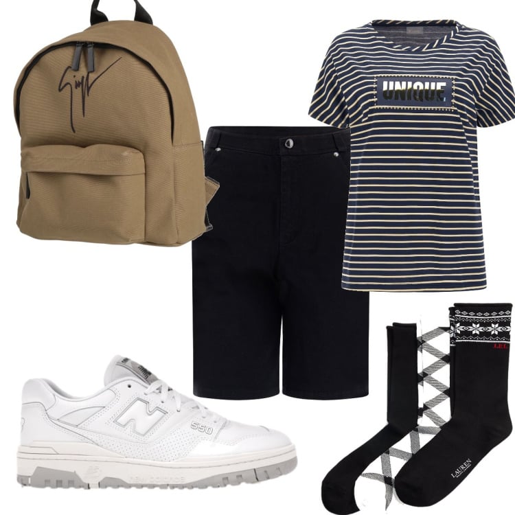 Outfit donna - Total look #1653465. Stile Trendy per Sport. Abbinamento con zaini, sneakers, bermuda, t-shirt, calzini.