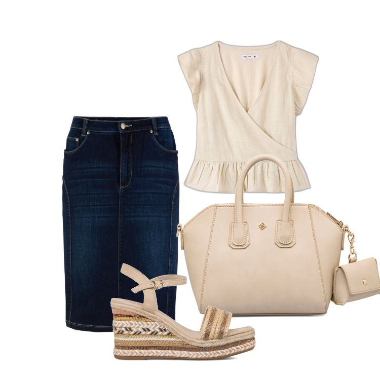 Outfit donna - In ufficio con la gonna jeans. Stile Basic per Ufficio. Abbinamento con gonne, bluse, sandali col tacco, borse a mano.