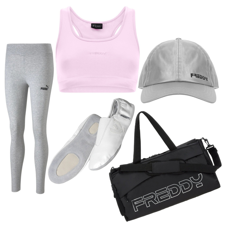 Outfit donna - Un pó di esercizio. Stile Sporty chic per Sport. Abbinamento con borse sportive, cappelli con visiera, scarpe sportive, top, leggings.