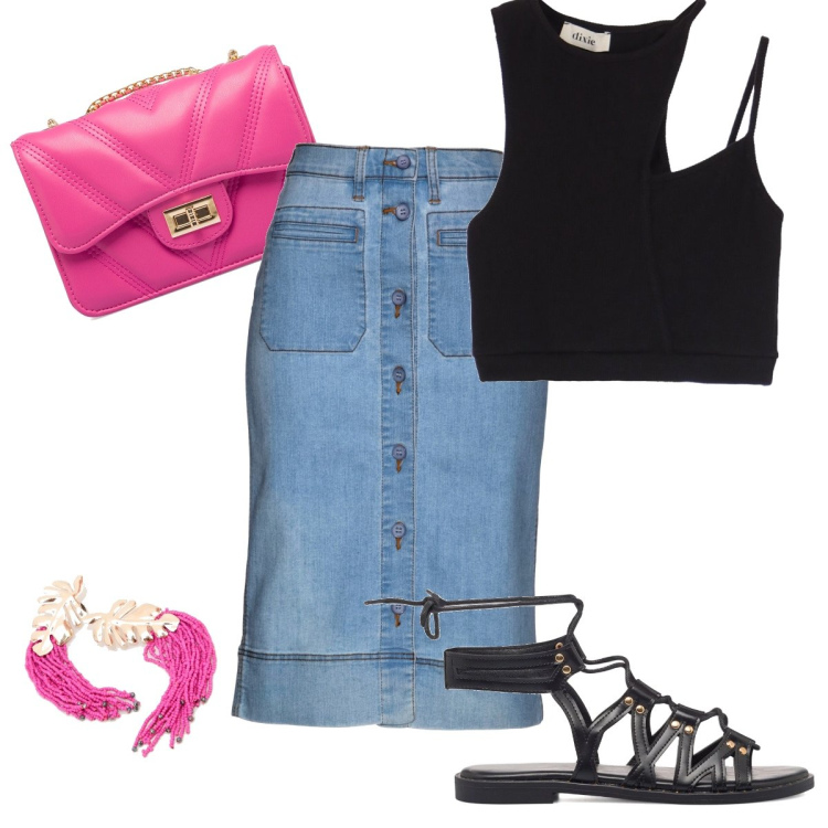 Outfit donna - Minimale e carina. Stile Minimal per Serata fuori. Abbinamento con gonne, top, orecchini, borse a tracolla, sandali alla schiava.