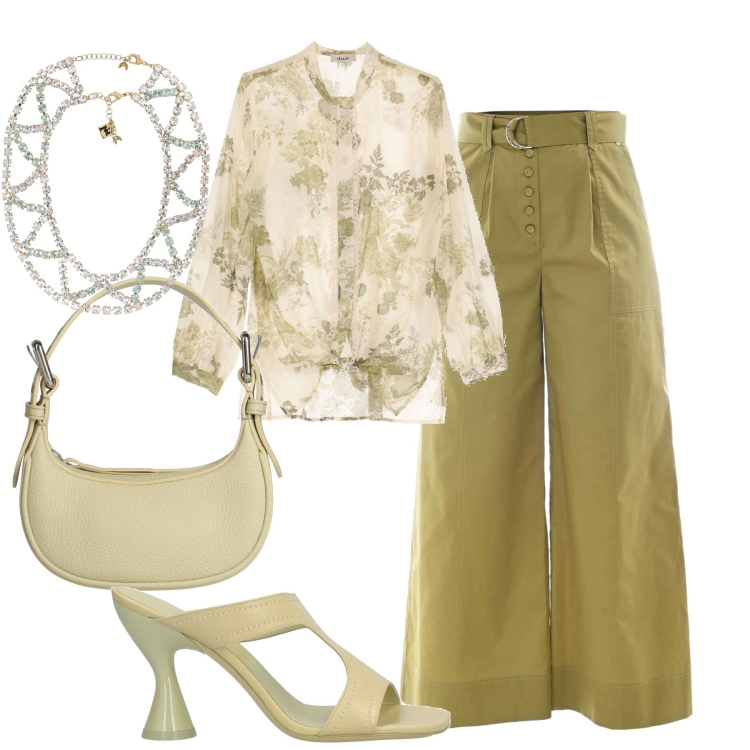 Outfit donna - Elegante. Stile Casual chic per Tutti i giorni. Abbinamento con sandali in pelle, borse a mano, camicie, pantaloni culotte, collane.