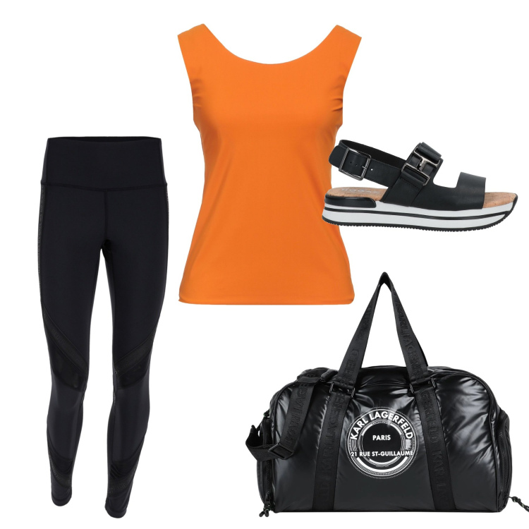 Outfit donna - Yoga in arancione. Stile Sporty chic per Sport. Abbinamento con sandali in pelle, top, borse sportive, leggings sportivo.
