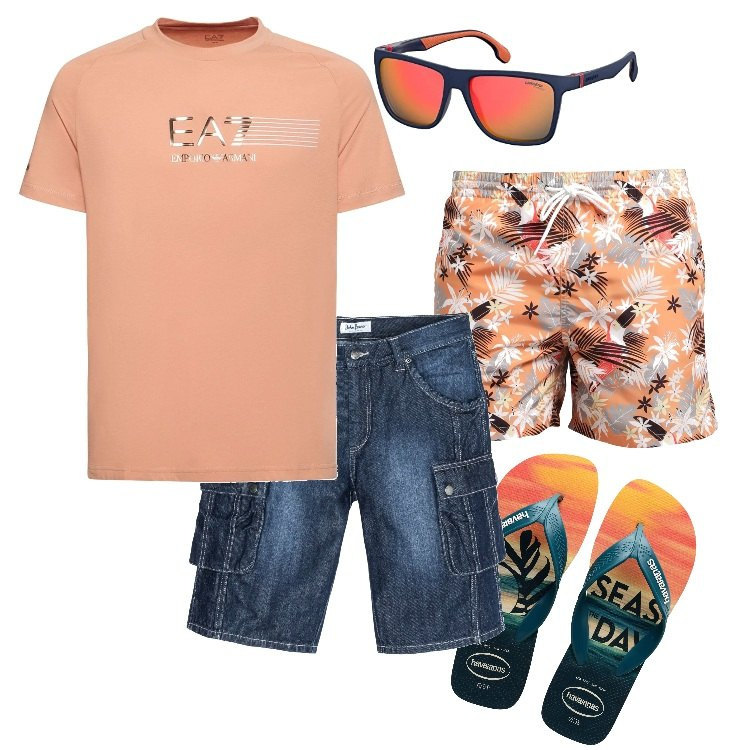 Outfit uomo - Tramonto sul mare. Stile Trendy per Mare. Abbinamento con bermuda, costumi, sandali, t-shirt, occhiali da sole.