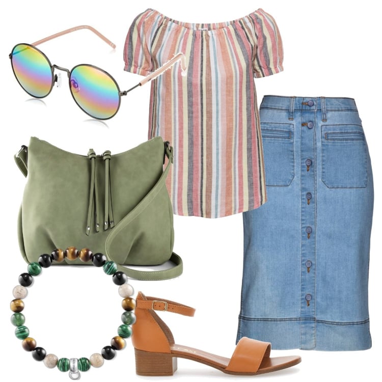 Outfit donna - Pranzo con le amiche in città. Stile Casual per Tutti i giorni. Abbinamento con gonne, bluse, borse a tracolla, sandali in pelle, braccialetti, occhiali da sole.