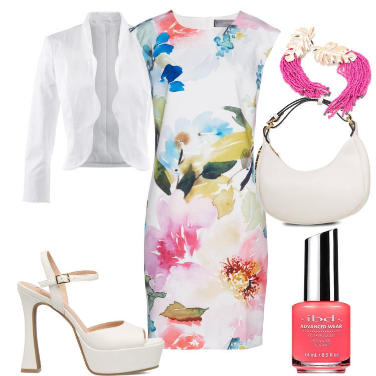 Outfit donna - Il tubino estivo. Stile Casual chic per Tutti i giorni. Abbinamento con blazer, vestiti a tubino, orecchini, sandali in pelle, borse a mano, smalti.