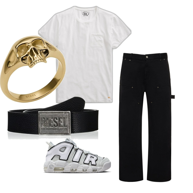 Outfit uomo - Casual. Stile Casual per Tutti i giorni. Abbinamento con t-shirt, anelli, cinture, pantaloni cargo, sneakers.