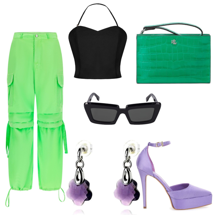 Outfit donna - Discoteca. Stile Casual per Serata fuori. Abbinamento con top, pantaloni cargo, pochette, décolleté, orecchini, occhiali da sole.