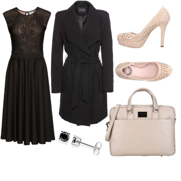 Outfit donna - Skin tone #2. Stile Bon Ton per Ufficio. Abbinamento con vestiti, trench, décolleté con punta tonda tinta unita, borsa da lavoro cartella maxi con stampa e zip interno foderato in pelle tinta unita, orecchini.