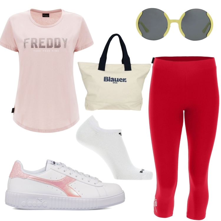 Outfit donna - L\'energia del rosso. Stile Casual per Sport. Abbinamento con borse sportive, occhiali da sole, calzini, leggings, t-shirt, sneakers.