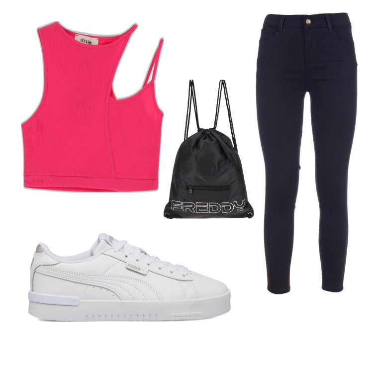 Outfit donna - Outfit concert. Stile Sporty chic per Tutti i giorni. Abbinamento con jeans skinny, zaini, sneakers, top.