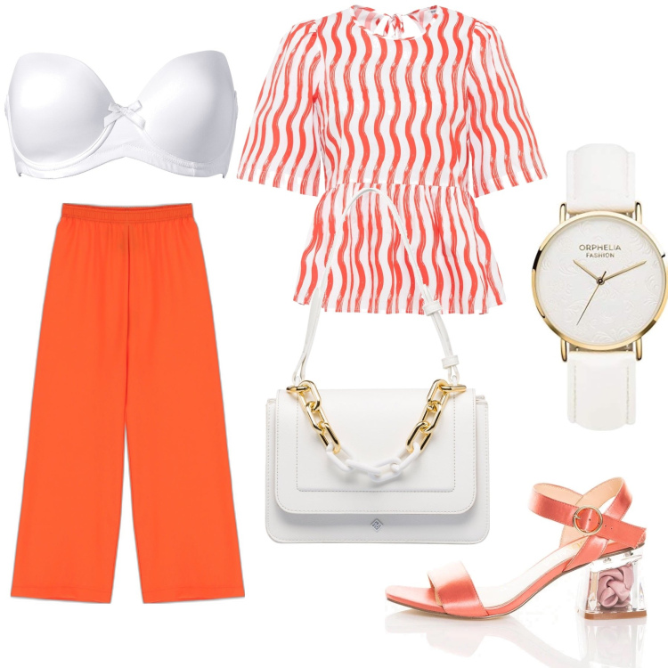 Outfit donna - Per ufficio. Stile Basic per Ufficio. Abbinamento con reggiseni, bluse, pantaloni a palazzo, sandali col tacco, borse a mano, orologi analogici.