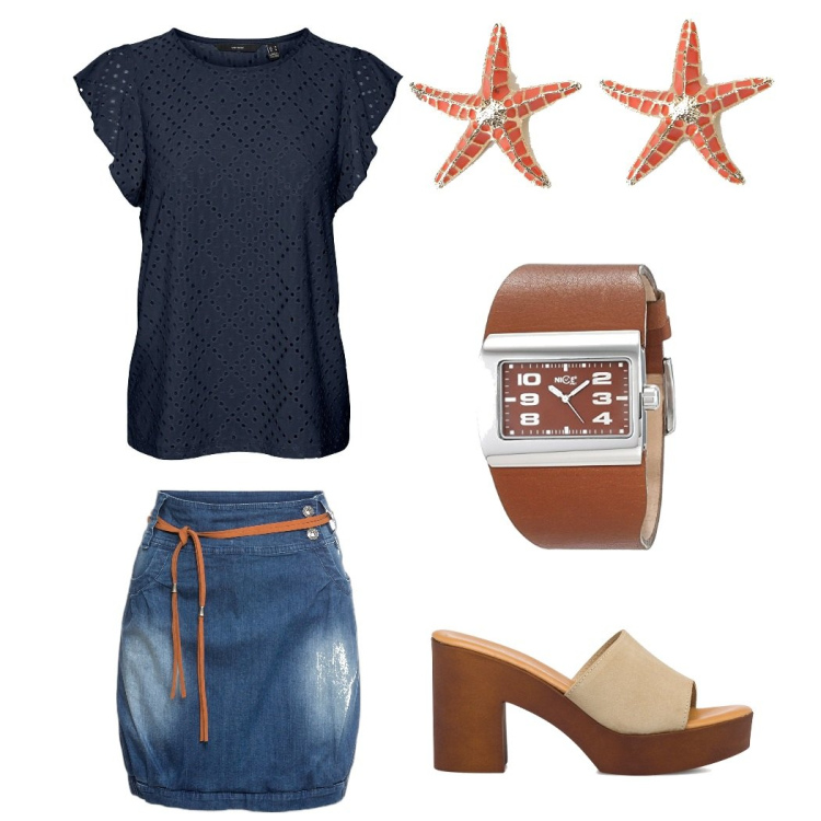 Outfit donna - Total look #1654354. Abbinamento con minigonne, orecchini, top, sandali in pelle, orologi analogici.