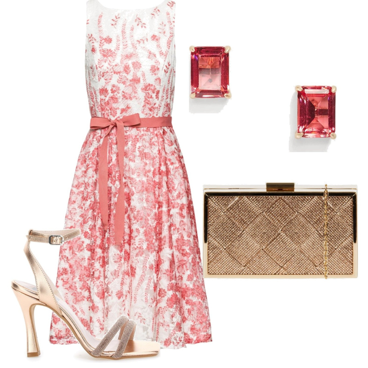 Outfit donna - Eleganza minimal. Stile Glamour per Cerimonia. Abbinamento con vestiti midi/longuette, clutch, orecchini, sandali col tacco.