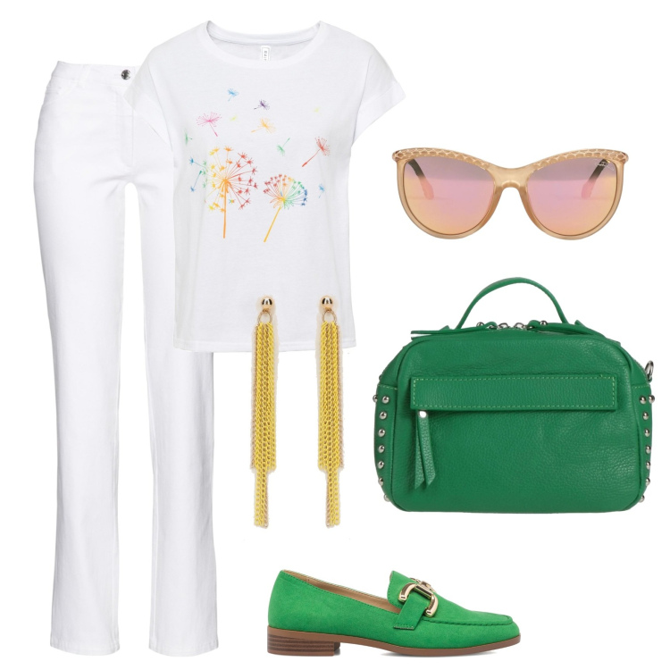 Outfit donna - Verde smeraldo e bianco. Stile Basic per Tutti i giorni. Abbinamento con t-shirt, pantaloni, borse a mano, occhiali da sole, orecchini, mocassini.