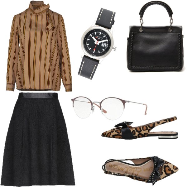 Outfit donna - Basic, colloquio di lavoro. Stile Basic per Ufficio. Abbinamento con ballerine con fiocco fantasia con borchie senza tacco con fibbia a punta, gonna al ginocchio lavorato a maglia con zip interno sfoderato tinta unita, blusa con fiocco a righe a maniche lunghe con bottoni, orologio con fibbia, borsa a tracolla con manico interno foderato con anello e tracolla removibile.