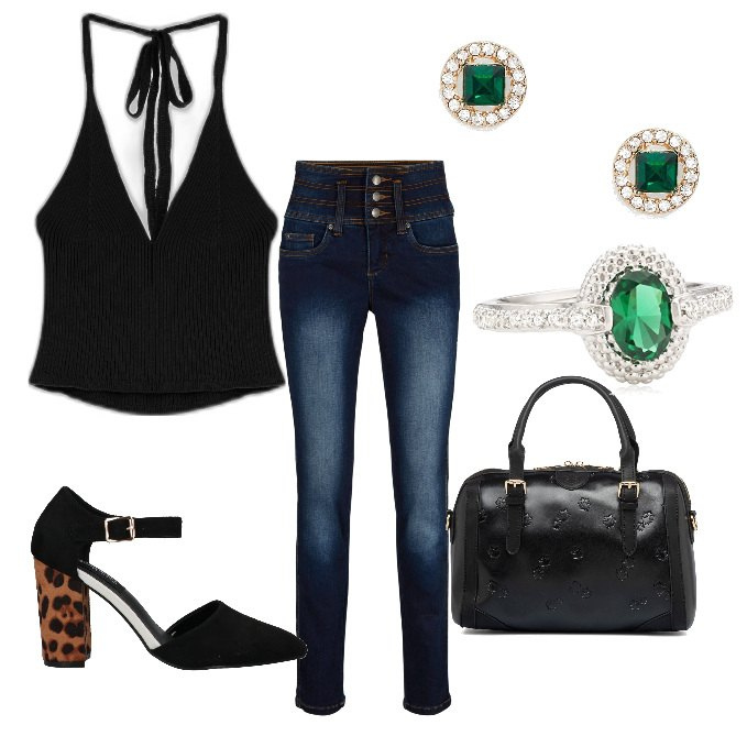 Outfit donna - Per ogni occasione. Stile Casual chic per Serata fuori. Abbinamento con décolleté, jeans, top, borse a mano, orecchini, anelli.